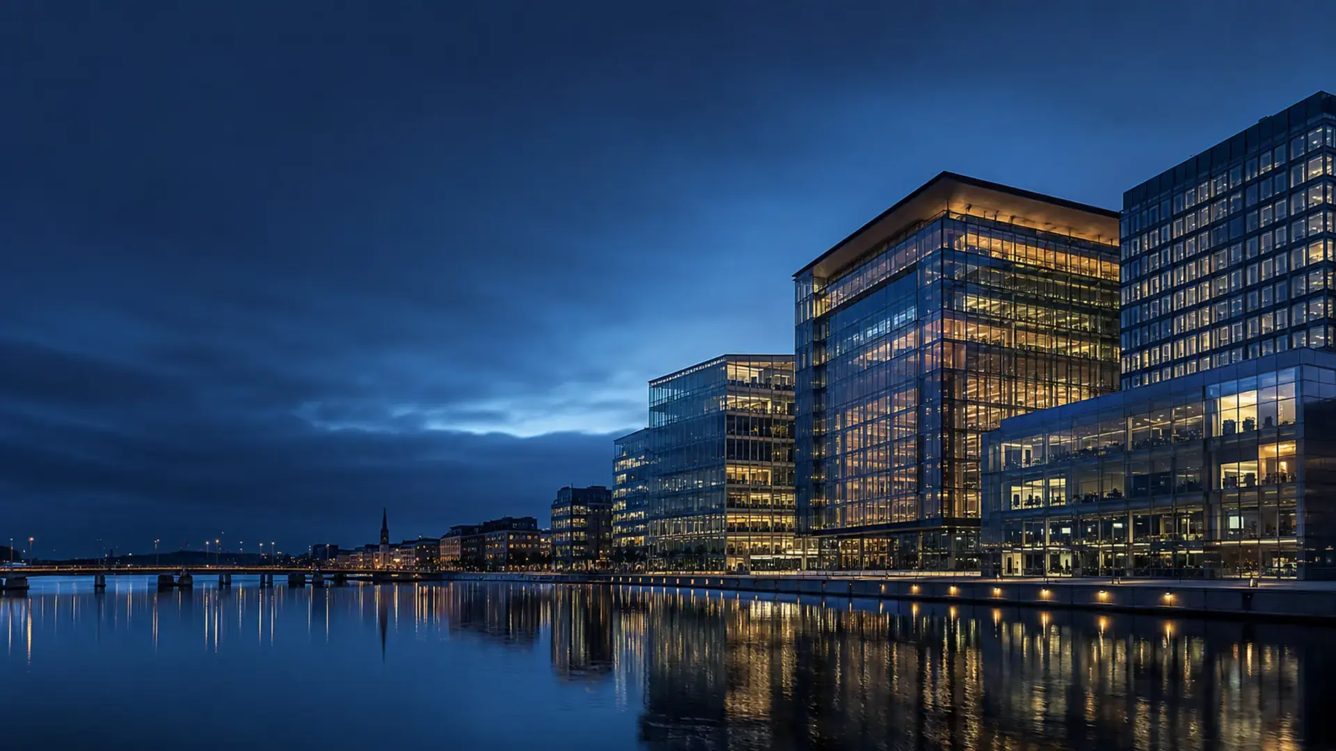 European waterfront financial district at blue hour